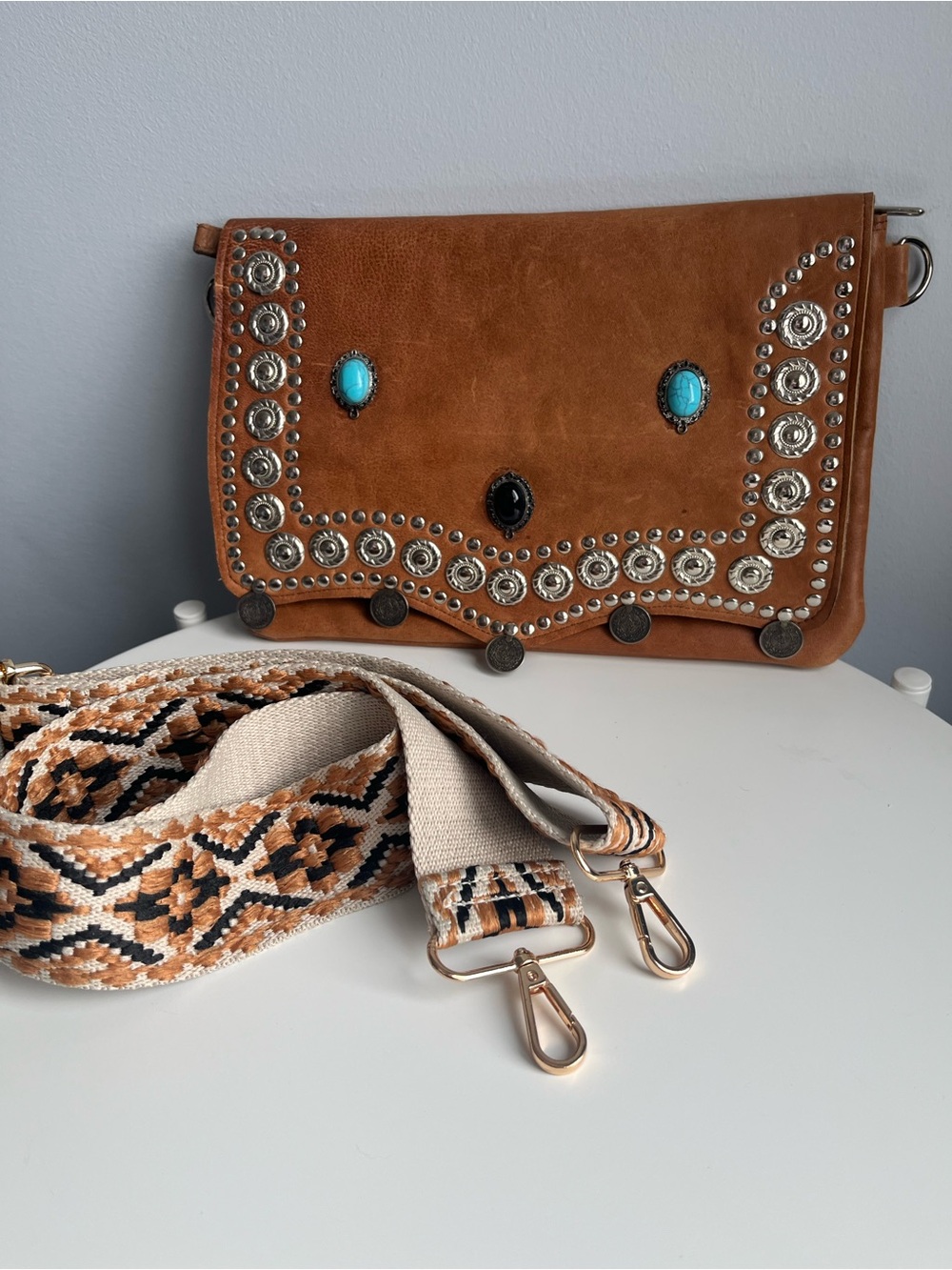 Vintage Studded Cognac Leather Bag